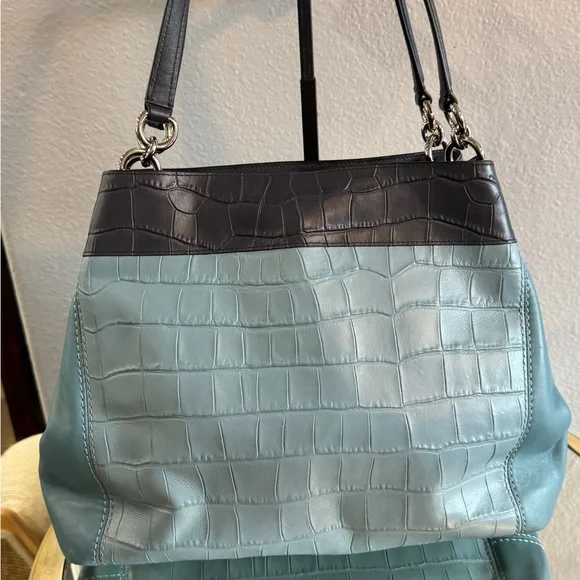Coach Navy and Teal Croc-Embossed Shoulder Bag - Picture 6 of 16
